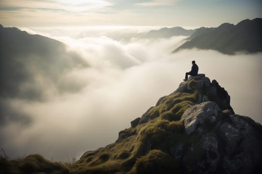 A person sits alone atop a mountain peak, surrounded by mist and clouds. The scene is awe-inspiring and majestic, with the natural light and misty atmosphere adding to the contemplative mood. Surrounded by the beauty of the natural world, the mind is free to contemplate and reflect on life's bigger questions. This scene can evoke feelings of awe, inspiration, and grandeur. (generative AI)