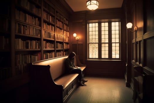 A person sits cozily on a bench, reading a book in a peaceful and quiet library. The warm and calm atmosphere induces a sense of intellectual study, with the surroundings providing a studious ambiance. This scene is perfect for those looking to explore their literary mind, or simply seeking a nostalgic and comfortable setting. (generative AI)