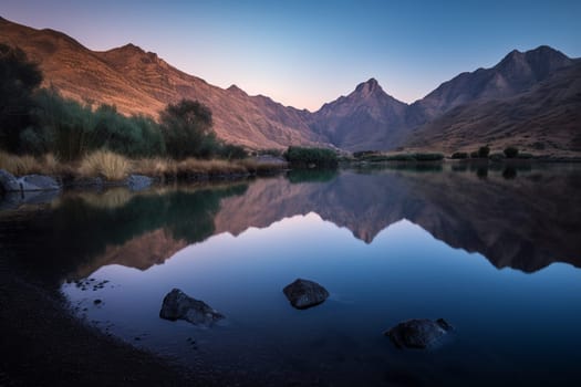 As the sun sets, it bathes the sky in a spectrum of colors, casting a peaceful and mystical light over the serene lake below. The towering mountains surrounding the lake create a breathtaking backdrop, creating a sense of perspective and scale unmatched in other settings. This scene embodies tranquility and serenity, transporting the viewer to a state of inner peace. (generative AI)