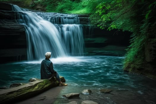 A person sits by a serene waterfall, the sound of the rushing water filling their ears. The natural and refreshing atmosphere induces a sense of relaxation and peace, with the surroundings providing a healing and calming ambiance. This scene is perfect for those looking to explore their inner thoughts or simply enjoy the beauty of nature. (generative AI)
