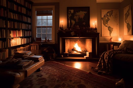 A person sits in front of a roaring fire with a book, wrapped in a cozy blanket and surrounded by a comfortable atmosphere. The scene is peaceful and homey, with the natural light from the fire casting a warm glow. The comfort and peacefulness of the surroundings allows the mind to relax, take a break from outside stimuli, and enter a comfortable introspective state. This scene can evoke feelings of quietness, warmth, and nostalgia. (generative AI)