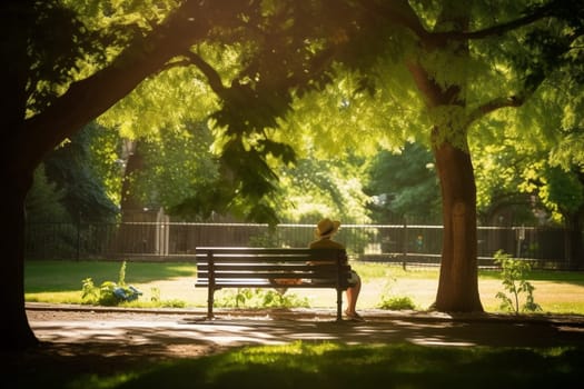 A person sits alone on a bench in a park on a sunny day, surrounded by lush greenery. The scene is uplifting and bright, the sun's rays creating vibrant colors throughout the park. This scene can evoke feelings of hope and positivity. (generative AI)