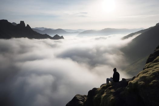 A person sits alone atop a mountain peak, surrounded by mist and clouds. The scene is awe-inspiring and majestic, with the natural light and misty atmosphere adding to the contemplative mood. Surrounded by the beauty of the natural world, the mind is free to contemplate and reflect on life's bigger questions. This scene can evoke feelings of awe, inspiration, and grandeur. (generative AI)