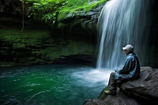 A person sits by a serene waterfall, the sound of the rushing water filling their ears. The natural and refreshing atmosphere induces a sense of relaxation and peace, with the surroundings providing a healing and calming ambiance. This scene is perfect for those looking to explore their inner thoughts or simply enjoy the beauty of nature. (generative AI)