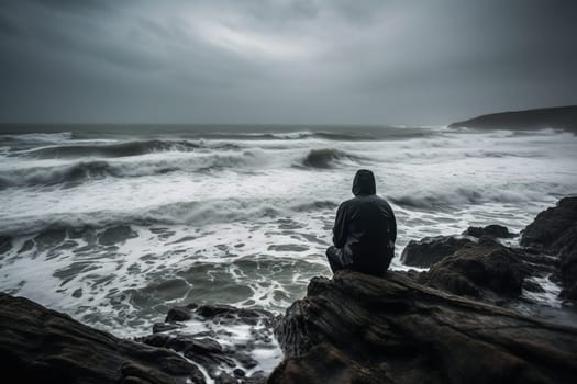 A person stands on a rocky cliff, looking out at the sea during a storm. The scene is dramatic and moody, with the crashing waves and dark clouds creating a powerful and intense atmosphere. This scene can evoke feelings of strength and resilience. (generative AI)