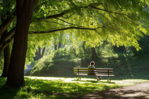 A person sits alone on a bench in a park on a sunny day, surrounded by lush greenery. The scene is uplifting and bright, the sun's rays creating vibrant colors throughout the park. This scene can evoke feelings of hope and positivity. (generative AI)