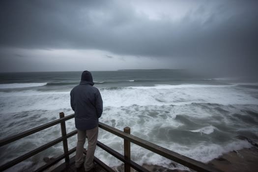 A person stands on a rocky cliff, looking out at the sea during a storm. The scene is dramatic and moody, with the crashing waves and dark clouds creating a powerful and intense atmosphere. This scene can evoke feelings of strength and resilience. (generative AI)