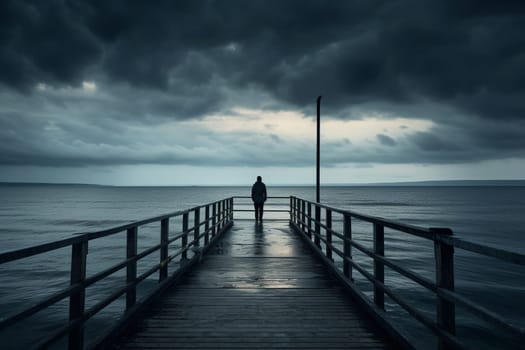 A person stands alone on a pier, looking out at the vast and timeless expanse of the sea. The moody and atmospheric light creates a contemplative and introspective atmosphere, perfect for peaceful contemplation and stillness. (generative AI)