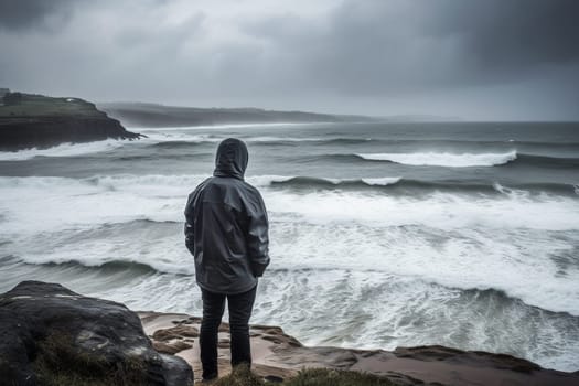 A person stands on a rocky cliff, looking out at the sea during a storm. The scene is dramatic and moody, with the crashing waves and dark clouds creating a powerful and intense atmosphere. This scene can evoke feelings of strength and resilience. (generative AI)