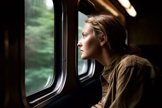 A person looks out the window of a moving train, watching the world blur by in a dynamic and ever-changing scene. The experience of travel fosters introspection and reflection. This scene can evoke feelings of adventure, the fleeting nature of time, and a sense of being on a journey. (generative AI)