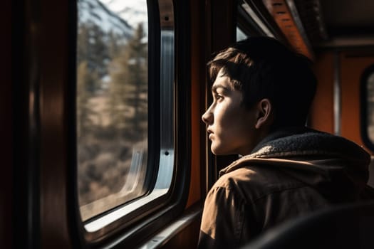 A person looks out the window of a moving train, watching the world blur by in a dynamic and ever-changing scene. The experience of travel fosters introspection and reflection. This scene can evoke feelings of adventure, the fleeting nature of time, and a sense of being on a journey. (generative AI)