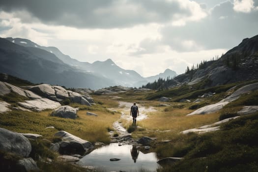 A person hikes alone in the mountains, surrounded by the natural beauty of the landscape. The solitude of the mountains offers a chance for self-discovery and introspection. This scene can evoke feelings of adventure, discovery, and a sense of peace and rejuvenation. (generative AI)