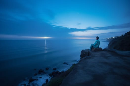 A person sits in meditation at the edge of a cliff overlooking the vast blue of the ocean. The scene is serene and calming, with the blue hour light adding to the reflective and contemplative mood. The sound of the waves crashing against the rocks and the cool breeze help create a harmonious atmosphere for inner reflection and peace. This scene can evoke feelings of calmness, serenity, and introspection. (generative AI)