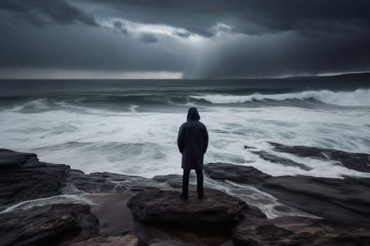 A person stands on a rocky cliff, looking out at the sea during a storm. The scene is dramatic and moody, with the crashing waves and dark clouds creating a powerful and intense atmosphere. This scene can evoke feelings of strength and resilience. (generative AI)