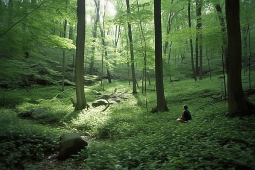 A person sits in a quiet, serene forest glade, surrounded by tall trees and lush greenery. The sounds of birds and rustling leaves are the only distractions from the peace and stillness of the scene. The person is in a deep state of meditation, at one with nature and their inner self. This scene can evoke feelings of tranquility, calm, and inner peace. (generative AI)