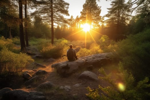 A person sits in meditation in the forest at sunset, surrounded by the serene beauty of nature. The golden hour light creates a peaceful and serene atmosphere, perfect for reflection and introspection. The solitude and contemplative surroundings allow the viewer to focus on the present moment and practice mindfulness. This photo can evoke feelings of peace, mindfulness, and awareness. (generative AI)