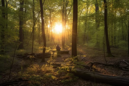 A person sits in meditation in the forest at sunset, surrounded by the serene beauty of nature. The golden hour light creates a peaceful and serene atmosphere, perfect for reflection and introspection. The solitude and contemplative surroundings allow the viewer to focus on the present moment and practice mindfulness. This photo can evoke feelings of peace, mindfulness, and awareness. (generative AI)