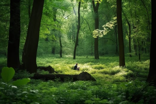 A person sits in a quiet, serene forest glade, surrounded by tall trees and lush greenery. The sounds of birds and rustling leaves are the only distractions from the peace and stillness of the scene. The person is in a deep state of meditation, at one with nature and their inner self. This scene can evoke feelings of tranquility, calm, and inner peace. (generative AI)