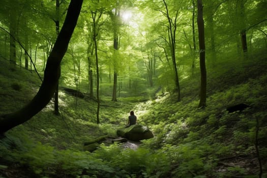 A person sits in a tranquil meditation pose, surrounded by the lush greenery of a forest. The natural and serene atmosphere induces a sense of inner peace and contemplation, making this scene perfect for meditating or exploring one's inner self. The forest provides a harmonious and spiritual backdrop, adding to the overall sense of tranquility. (generative AI)