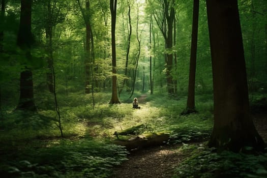 A person sits in a tranquil meditation pose, surrounded by the lush greenery of a forest. The natural and serene atmosphere induces a sense of inner peace and contemplation, making this scene perfect for meditating or exploring one's inner self. The forest provides a harmonious and spiritual backdrop, adding to the overall sense of tranquility. (generative AI)