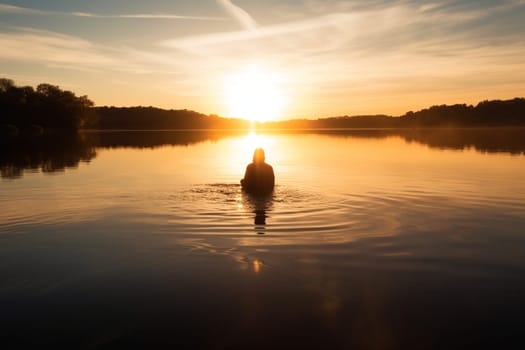 A person sits in meditation on the still surface of a tranquil lake at sunrise. The soft, golden light of dawn reflecting in the water, creating a peaceful and serene atmosphere. This scene can evoke feelings of tranquility, introspection, and self-awareness. (generative AI)