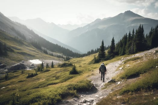A person hikes alone in the mountains, surrounded by the natural beauty of the landscape. The solitude of the mountains offers a chance for self-discovery and introspection. This scene can evoke feelings of adventure, discovery, and a sense of peace and rejuvenation. (generative AI)