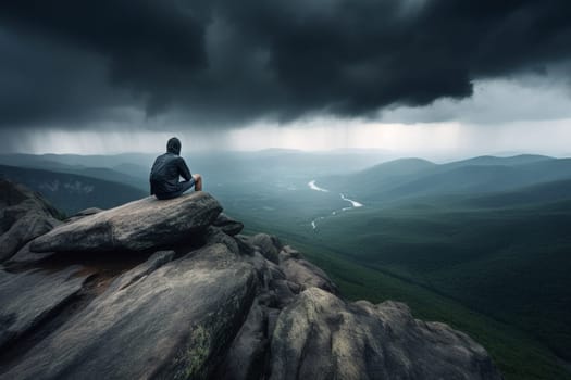 A person meditates on a mountaintop in the middle of a thunderstorm, surrounded by the intense power of nature. The dark clouds, flashes of lightning, and booming thunder create a dramatic and intense atmosphere that ignites the senses. The stark beauty of the landscape adds to the sense of spirituality in the scene. This scene can evoke feelings of introspection, wonder, and a sense of connection with a higher power. (generative AI)