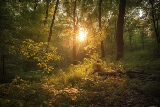 A person sits in meditation in the forest at sunset, surrounded by the serene beauty of nature. The golden hour light creates a peaceful and serene atmosphere, perfect for reflection and introspection. The solitude and contemplative surroundings allow the viewer to focus on the present moment and practice mindfulness. This photo can evoke feelings of peace, mindfulness, and awareness. (generative AI)