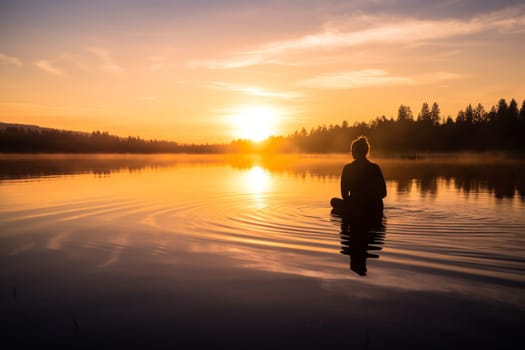 A person sits in meditation on the still surface of a tranquil lake at sunrise. The soft, golden light of dawn reflecting in the water, creating a peaceful and serene atmosphere. This scene can evoke feelings of tranquility, introspection, and self-awareness. (generative AI)