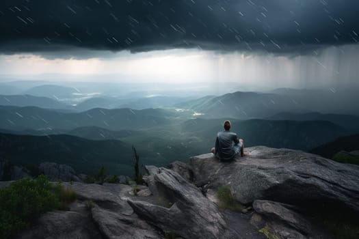 A person meditates on a mountaintop in the middle of a thunderstorm, surrounded by the intense power of nature. The dark clouds, flashes of lightning, and booming thunder create a dramatic and intense atmosphere that ignites the senses. The stark beauty of the landscape adds to the sense of spirituality in the scene. This scene can evoke feelings of introspection, wonder, and a sense of connection with a higher power. (generative AI)