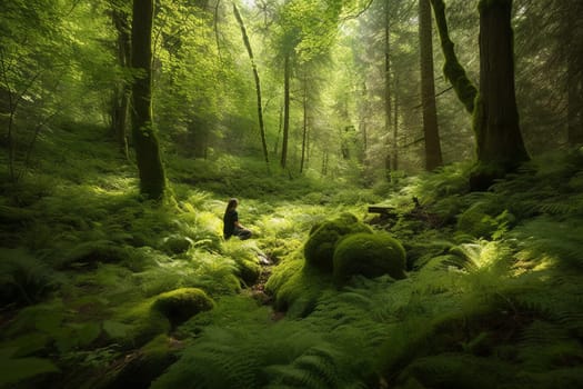 A person sits in a tranquil meditation pose, surrounded by the lush greenery of a forest. The natural and serene atmosphere induces a sense of inner peace and contemplation, making this scene perfect for meditating or exploring one's inner self. The forest provides a harmonious and spiritual backdrop, adding to the overall sense of tranquility. (generative AI)
