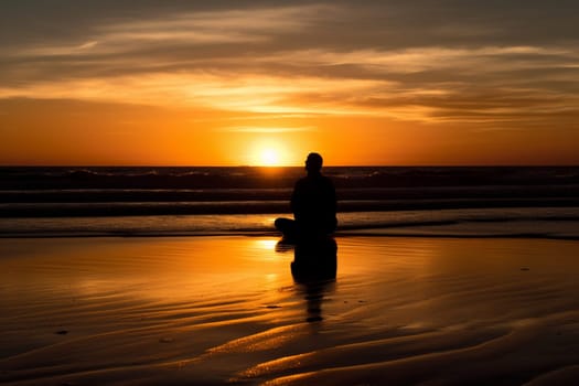 A person sits in meditation on the beach as the sun sets behind them. The warm colors of the sky cast a vibrant glow on the surroundings, creating a tranquil and peaceful scene. The sound of the waves adds to the natural atmosphere of the scene, evoking feelings of serenity and calmness. (generative AI)
