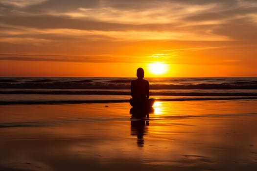 A person sits in meditation on the beach as the sun sets behind them. The warm colors of the sky cast a vibrant glow on the surroundings, creating a tranquil and peaceful scene. The sound of the waves adds to the natural atmosphere of the scene, evoking feelings of serenity and calmness. (generative AI)