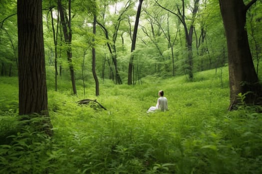 A person sits in a quiet, serene forest glade, surrounded by tall trees and lush greenery. The sounds of birds and rustling leaves are the only distractions from the peace and stillness of the scene. The person is in a deep state of meditation, at one with nature and their inner self. This scene can evoke feelings of tranquility, calm, and inner peace. (generative AI)