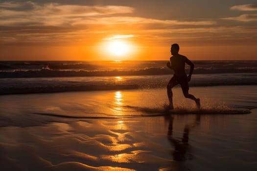 A person moves energetically along the beach, running into the sunset. The vibrant and active atmosphere captures the essence of a refreshing and beachy summer day, with the warm sun casting a golden glow over everything. This scene evokes feelings of freedom and liberation, making it perfect for those who love to move and explore. (generative AI)