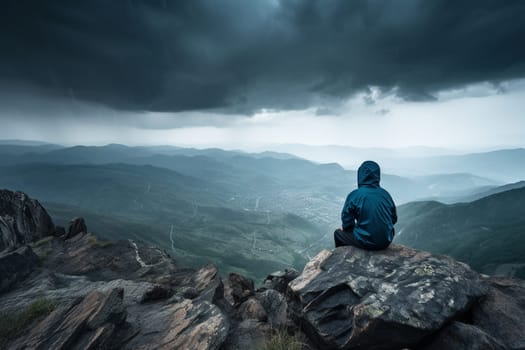 A person meditates on a mountaintop in the middle of a thunderstorm, surrounded by the intense power of nature. The dark clouds, flashes of lightning, and booming thunder create a dramatic and intense atmosphere that ignites the senses. The stark beauty of the landscape adds to the sense of spirituality in the scene. This scene can evoke feelings of introspection, wonder, and a sense of connection with a higher power. (generative AI)