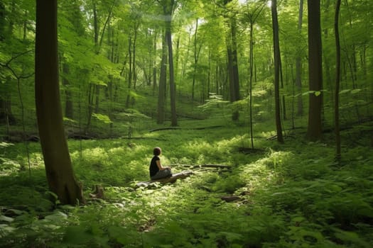 A person sits in a quiet, serene forest glade, surrounded by tall trees and lush greenery. The sounds of birds and rustling leaves are the only distractions from the peace and stillness of the scene. The person is in a deep state of meditation, at one with nature and their inner self. This scene can evoke feelings of tranquility, calm, and inner peace. (generative AI)