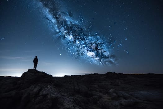 The person stands on the rocky cliff edge, staring out into the endless night sky lit up by a myriad of stars. The peace and quiet of the natural world provide a deeply introspective quality to the scene, with the vastness of the sky and horizon highlighting the feeling of solitude. This scene embodies the contemplative and introspective spirit that comes with being alone in the midst of nature, lost in the wonder of the universe above. (generative AI)