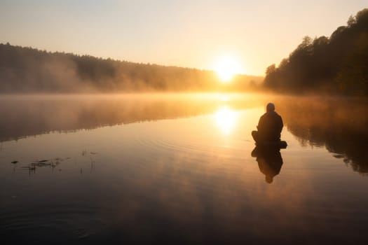 A person sits in meditation on the still surface of a tranquil lake at sunrise. The soft, golden light of dawn reflecting in the water, creating a peaceful and serene atmosphere. This scene can evoke feelings of tranquility, introspection, and self-awareness. (generative AI)