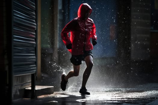 A person runs energetically through the rain, without an umbrella, soaking wet from head to toe. The scene is dynamic and lively, with the rain creating a high contrast atmosphere. The refreshing coldness of the rain and the freedom of running create a natural rhythm in the mind and body, wiping away stress and daily concerns. This scene can evoke feelings of freedom, energy, and mental clarity. (generative AI)