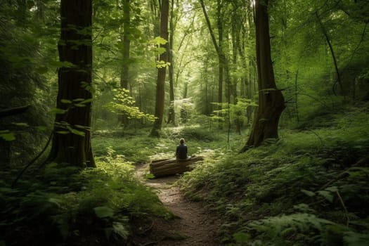 A person sits in a tranquil meditation pose, surrounded by the lush greenery of a forest. The natural and serene atmosphere induces a sense of inner peace and contemplation, making this scene perfect for meditating or exploring one's inner self. The forest provides a harmonious and spiritual backdrop, adding to the overall sense of tranquility. (generative AI)