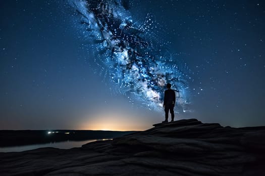 The person stands on the rocky cliff edge, staring out into the endless night sky lit up by a myriad of stars. The peace and quiet of the natural world provide a deeply introspective quality to the scene, with the vastness of the sky and horizon highlighting the feeling of solitude. This scene embodies the contemplative and introspective spirit that comes with being alone in the midst of nature, lost in the wonder of the universe above. (generative AI)