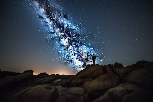 The person stands on the rocky cliff edge, staring out into the endless night sky lit up by a myriad of stars. The peace and quiet of the natural world provide a deeply introspective quality to the scene, with the vastness of the sky and horizon highlighting the feeling of solitude. This scene embodies the contemplative and introspective spirit that comes with being alone in the midst of nature, lost in the wonder of the universe above. (generative AI)