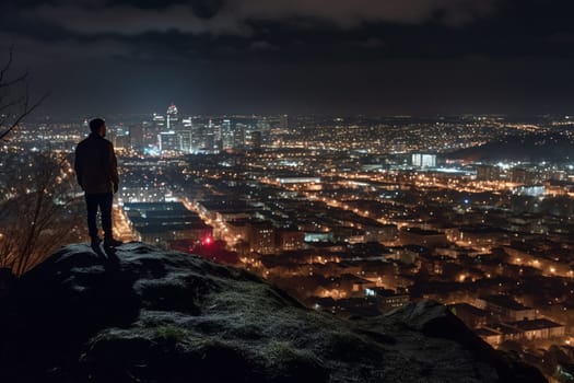 A person stands on the edge of a cliff, looking out over a vast cityscape at nighttime. The scene is dramatic and high contrast, with the lit-up urban landscape adding a reflective and inspiring touch. The vastness of the city and its nighttime glow helps the mind to contemplate society and the world we live in. This scene can evoke feelings of awe, contemplation, and inspiration. (generative AI)