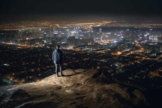 A person stands on the edge of a cliff, looking out over a vast cityscape at nighttime. The scene is dramatic and high contrast, with the lit-up urban landscape adding a reflective and inspiring touch. The vastness of the city and its nighttime glow helps the mind to contemplate society and the world we live in. This scene can evoke feelings of awe, contemplation, and inspiration. (generative AI)