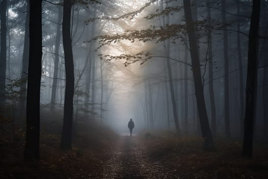 A person walks through a misty forest at dawn, with the soft, atmospheric light creating a mysterious and moody atmosphere. The quiet of the forest and the peaceful surroundings foster a sense of calm and introspection. This scene can evoke feelings of reflection, peace, and a connection to nature. (generative AI)