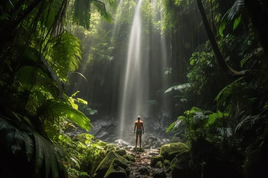 A person stands under a powerful waterfall in the middle of the jungle, surrounded by the natural beauty and wonder of the environment. The scene is invigorating and refreshing, with the natural light and wet atmosphere adding to the introspective and awe-inspiring mood. The powerful force of the waterfall helps the mind to focus and contemplate the power of nature. This scene can evoke feelings of inspiration, awe, and mental clarity. (generative AI)