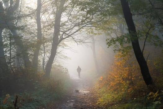 The person walks along the misty forest path, surrounded by the serene and peaceful silence of the natural world. The early morning lighting adds a sense of calm to the environment, with the forest path stretching out before them, ready for adventure. This scene encompasses the feeling of peace and serenity that comes with being in the heart of nature. (generative AI)