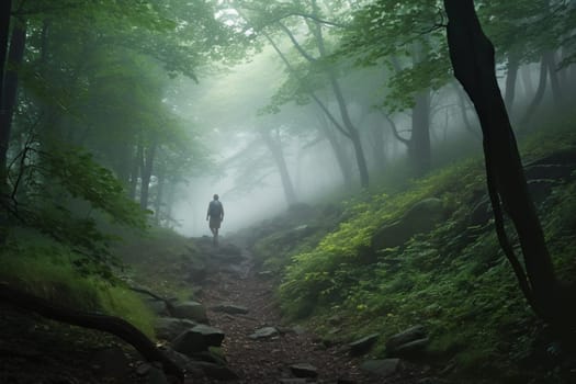 A person walks through a misty forest, surrounded by lush greenery and a mysterious atmosphere. The scene is peaceful and quiet, with the mist adding to the natural beauty of the forest. This scene can evoke feelings of calmness and introspection. (generative AI)
