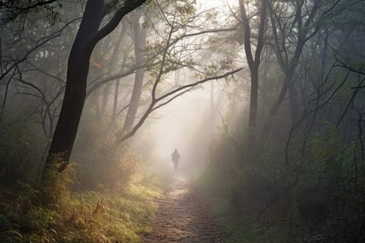 The person walks along the misty forest path, surrounded by the serene and peaceful silence of the natural world. The early morning lighting adds a sense of calm to the environment, with the forest path stretching out before them, ready for adventure. This scene encompasses the feeling of peace and serenity that comes with being in the heart of nature. (generative AI)